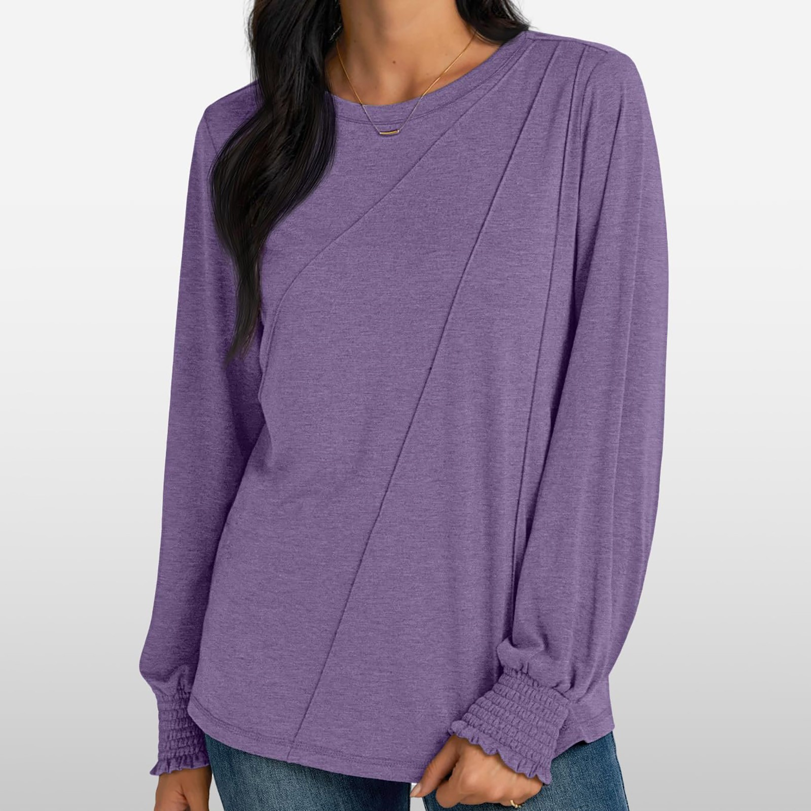 thumbnail image 2 of Blusa de manga larga con cuello redondo y pliegues para mujer - 82 % poliéster, top informal de negocios, 2025, de moda - Tallas S-XXL, 2 of 8